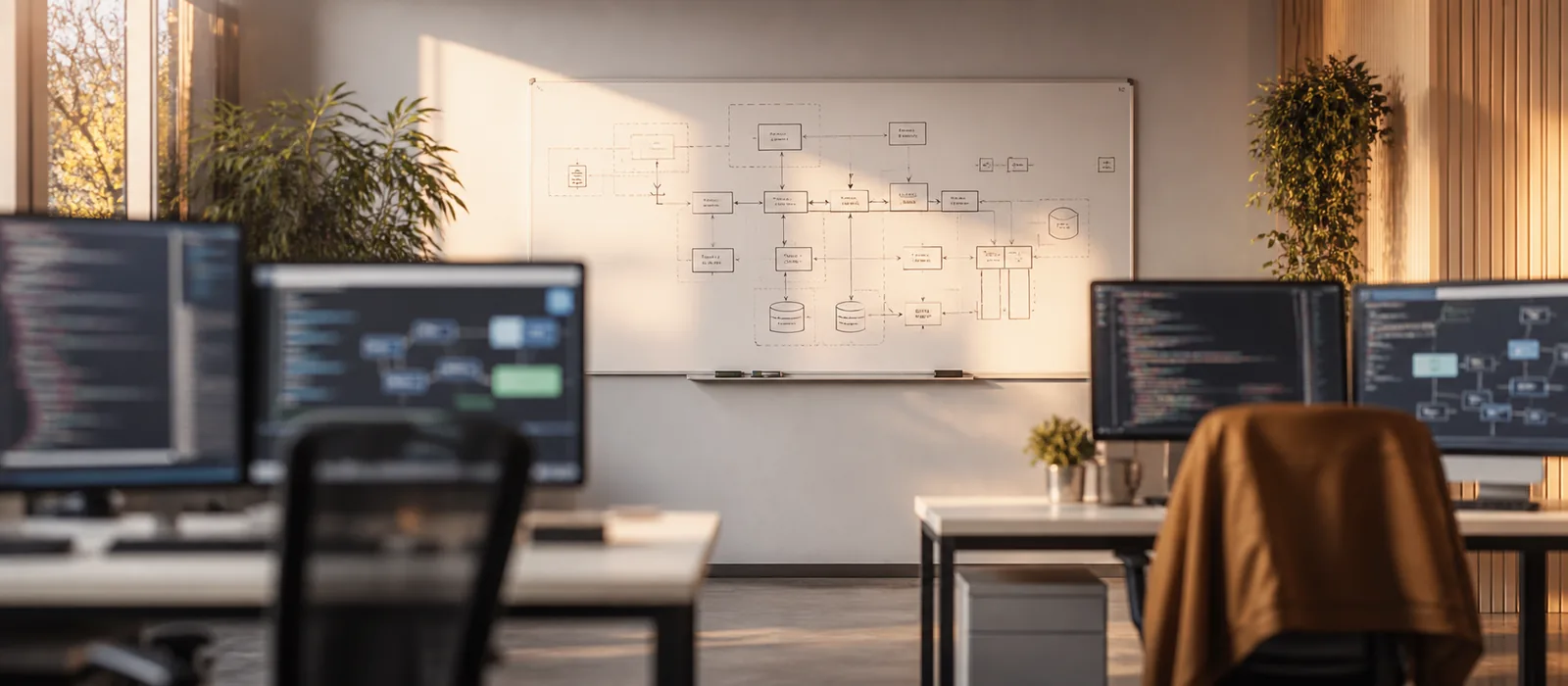 An empty workspace at the end of the day, with a system diagram on the whiteboard behind