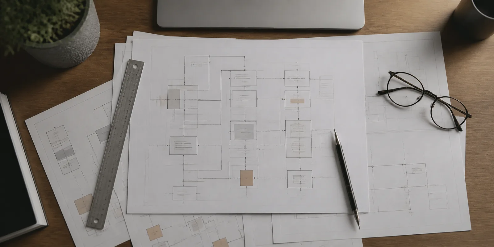 Overlapping printed system diagrams on a desk with a ruler, pencil and reading glasses