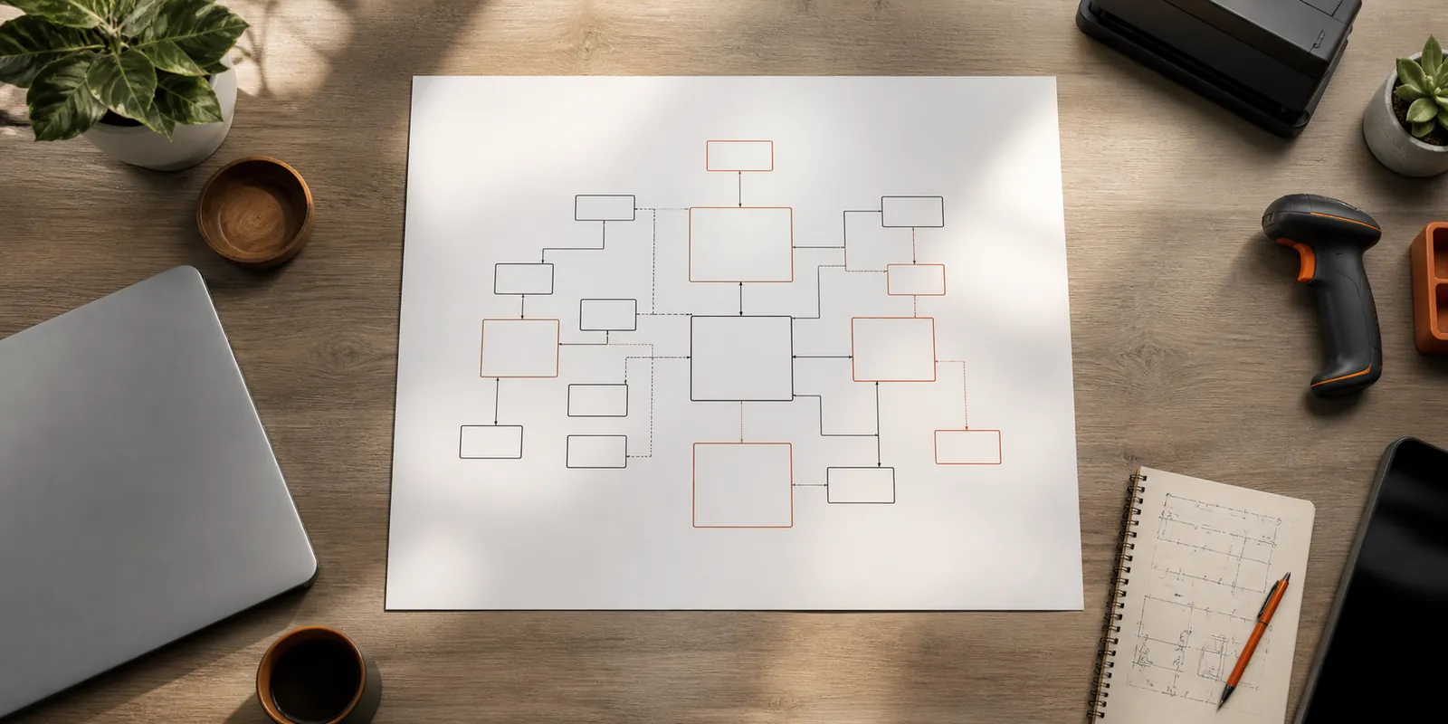 A desk laid out with a printed system diagram, a laptop, a barcode scanner and a notebook of sketches