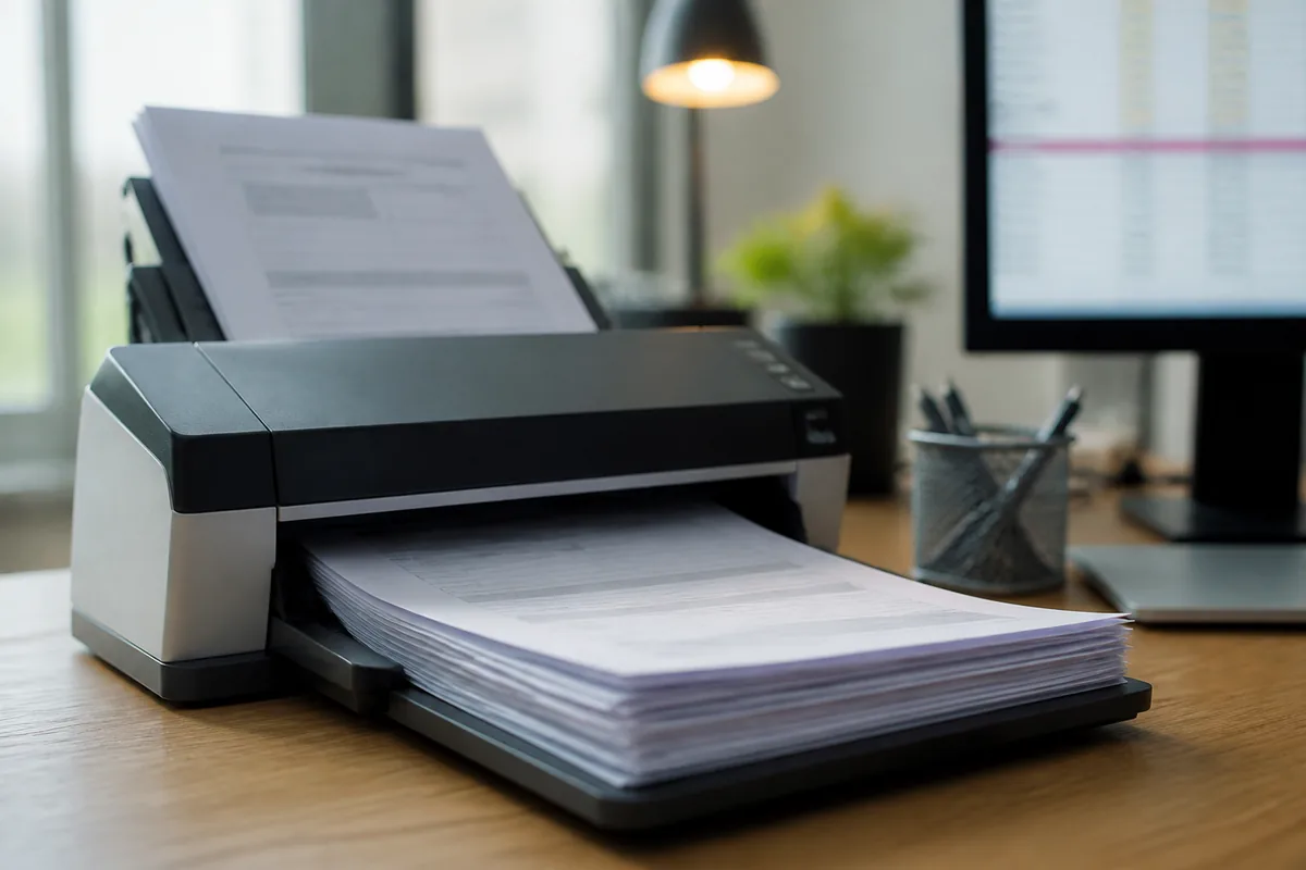 A document scanner feeding a stack of paper, with extracted data on the monitor behind