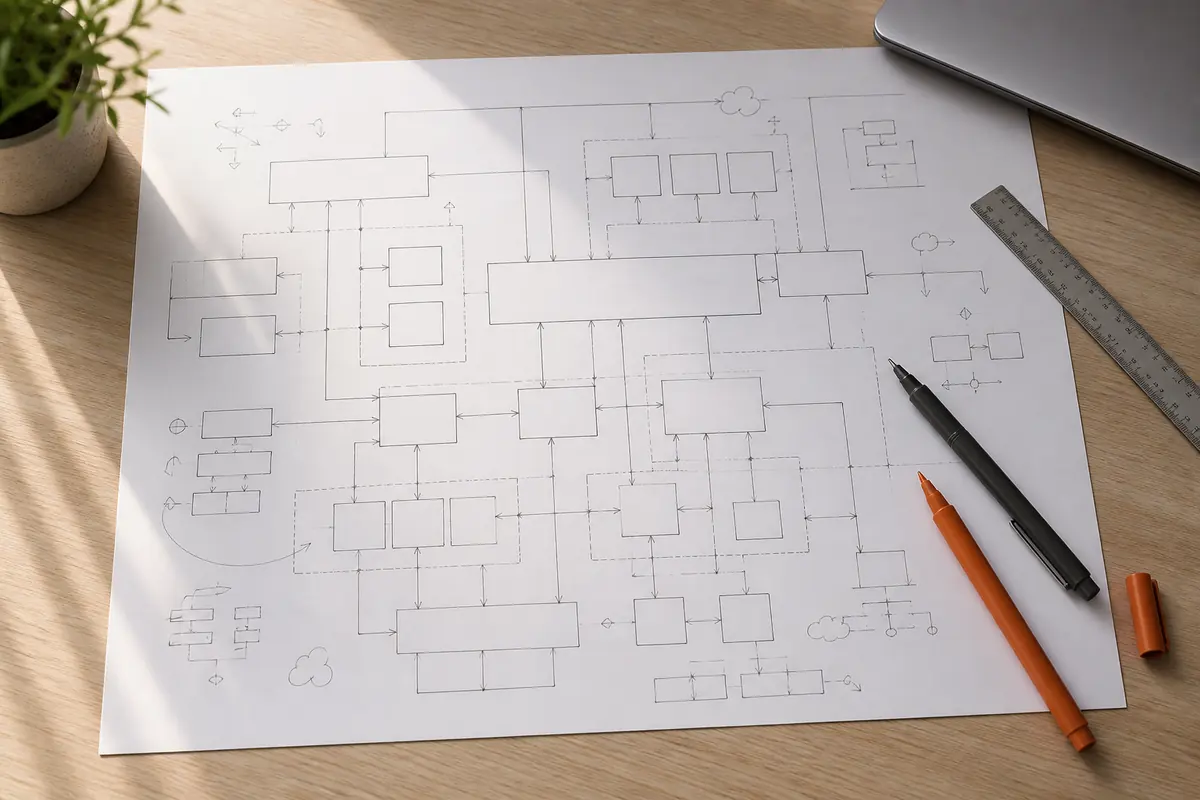 A printed system architecture diagram on a desk with a ruler and marker pens