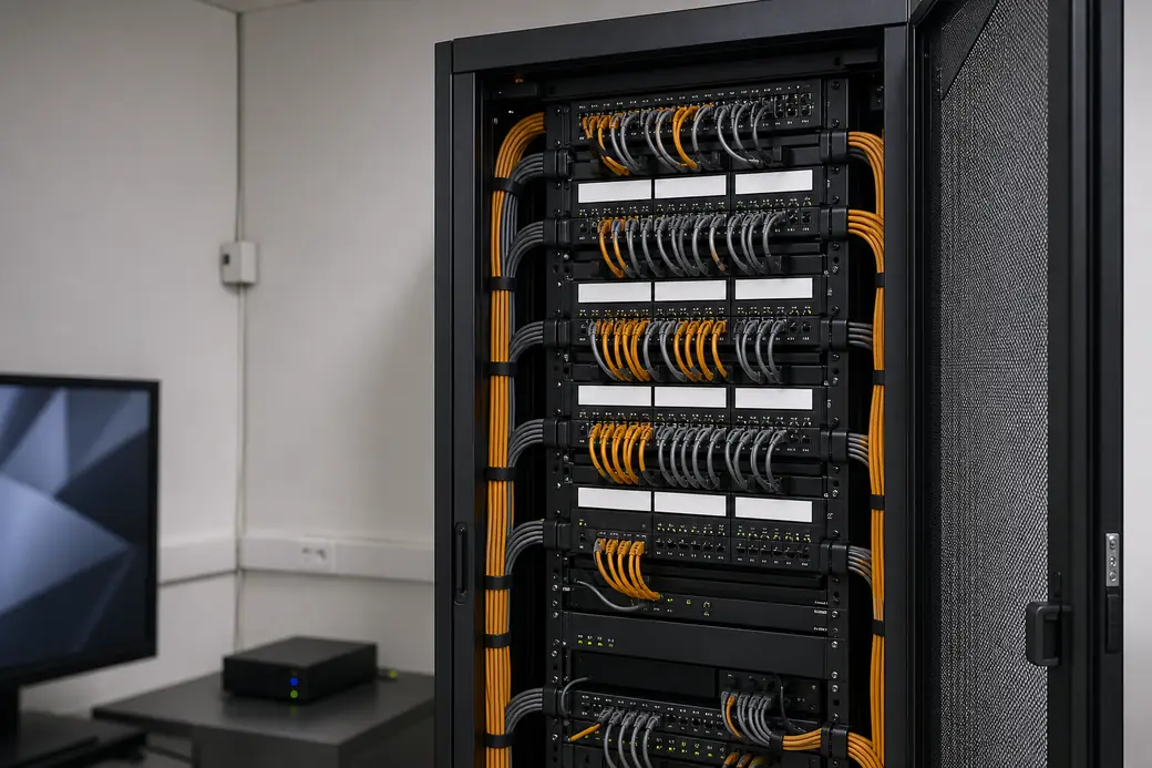 A neatly patched network rack with orange structured cabling