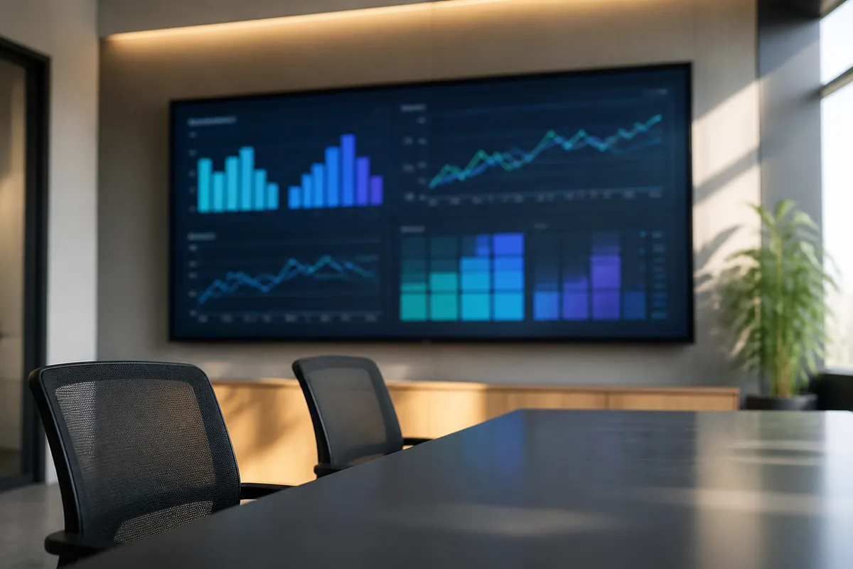 A wall-mounted dashboard display in an empty meeting room