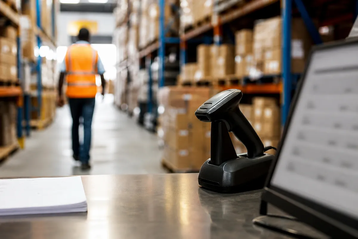 A barcode scanner in its cradle at a warehouse goods-out counter