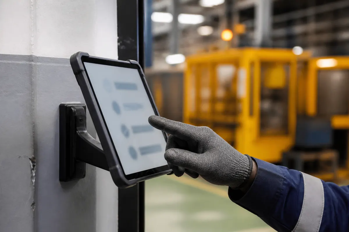 A gloved hand using a wall-mounted tablet beside a production line
