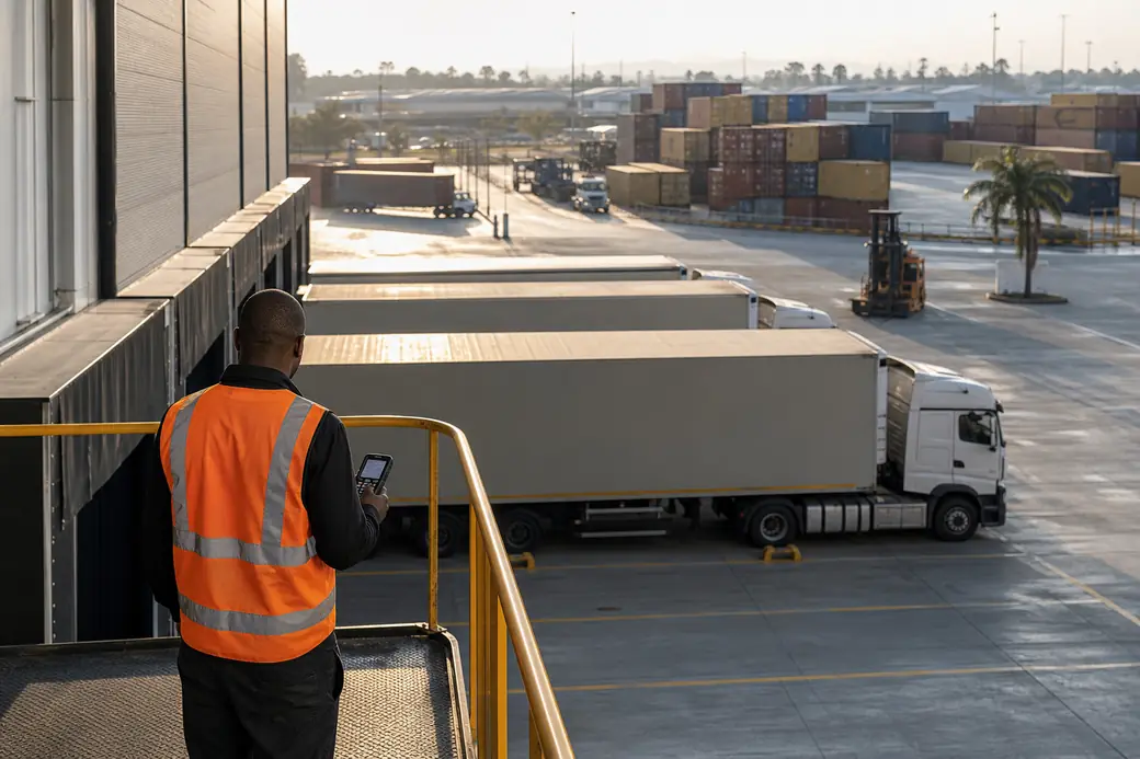 A loading dock with trailers at the bays and a container yard beyond